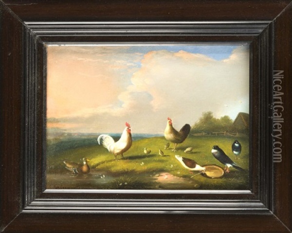 Geflugel Im Abendlicht Am Teich Oil Painting - Cornelis van Leemputten