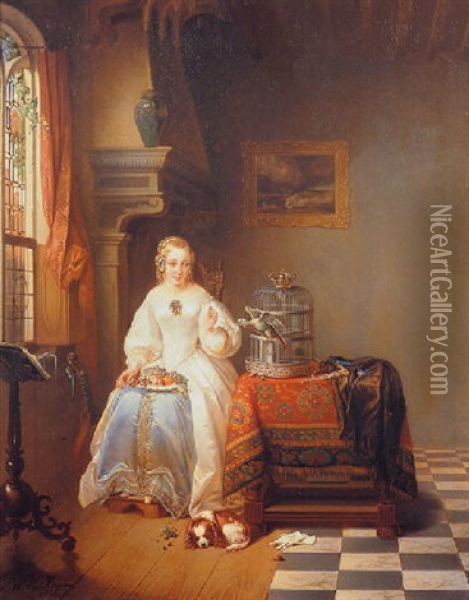 Lady With Her Parrot In An Elegant Interior Oil Painting - Alexis van Hamme