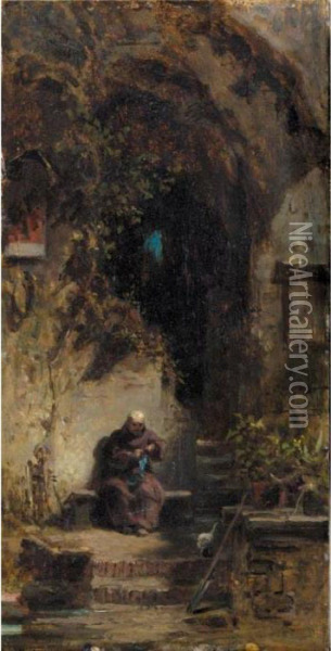 Eremit, Strumpfe Strickend (monk Knitting Socks) Oil Painting - Carl Spitzweg
