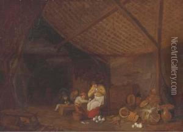 A Barn Interior With A Woman And
 Children Peeling Onions,earthenware Pots, Carrots, Onions And A Cabbage
 Nearby Oil Painting - Bartholomeus Molenaer