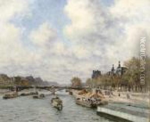 Le Pont Des Saints-peres With Peniches On The Seine Oil Painting - Alexis Vollon