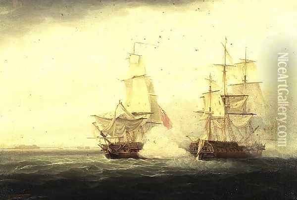 The Crescent and the Reunion off Cherbourg in October 1793 Oil Painting - Thomas Whitcombe