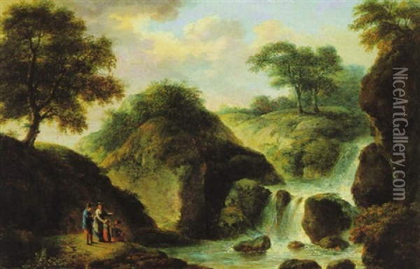 Gebirgige Landschaft Mit Zuschauern Vor Einem Wasserfall Oil Painting - Christian Hilfgott Brand