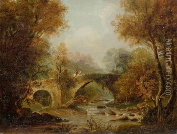 A Landscape With A Figure On A Bridge Oil Painting - David Cox the Younger