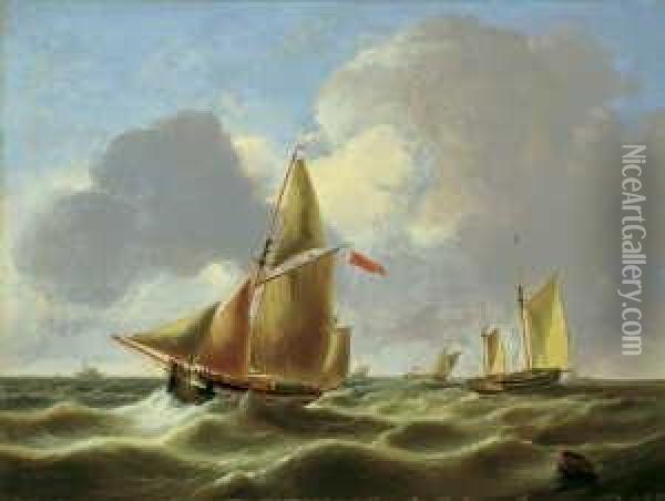 Schiffe Auf Bewegter See. 
Signiert Unten Rechts: J. C. Schotel. Ol Auf Holz. H 49; B 65 Cm. Oil Painting - Johannes Christian Schotel