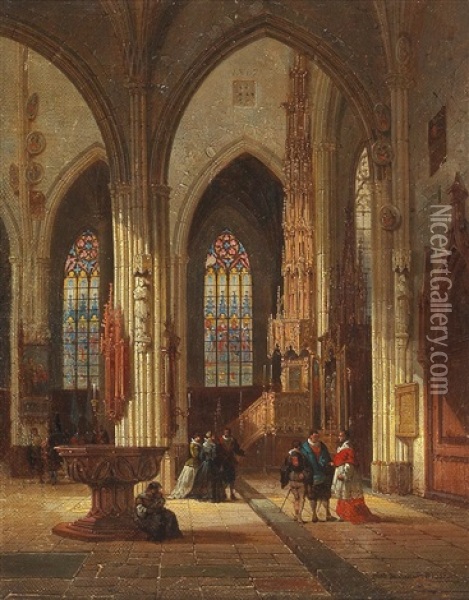 Church Interior With Decorative Figures Oil Painting - Emile Pierre Joseph de Cauwer
