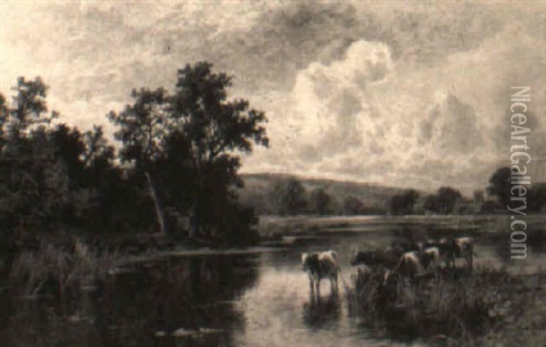 Cows Wading By A River Oil Painting - Henry H. Parker