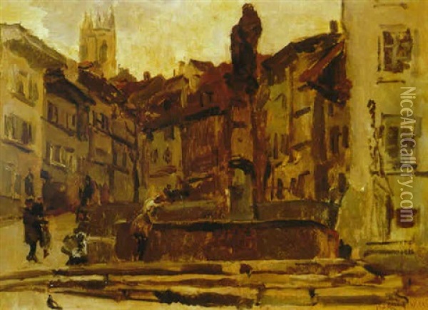 Fontaine St. Anne, Fribourg (switzerland) Oil Painting - Isaac Israels