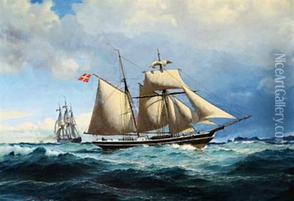 Two-masted Schooner "caroline Og Trine" From Troense. Captain Of The Schooner Was Mr. Mogensen From Faborg Oil Painting - Christian Frederic Eckardt