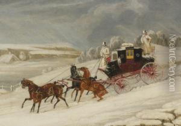The London-glasgow Royal Mail Coach Descending A Hill In A Snowstorm Oil Painting - James Pollard