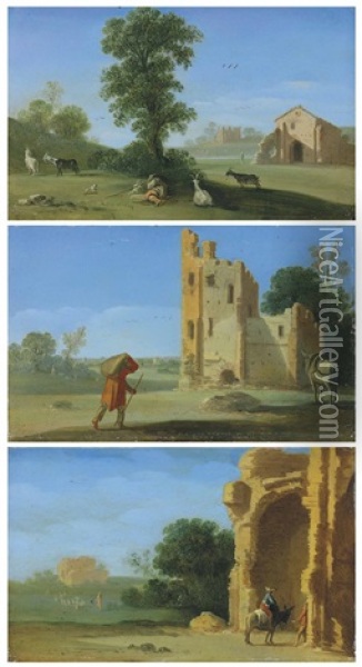 An Italianate Landscape With A Goatherd Resting Beneath A Tree; An Italianate Landscape With A Traveller Near A Ruined Building; And An Italianate Landscape With Travellers Near A Ruined Building, A Villa Beyond Oil Painting - Goffredo Wals