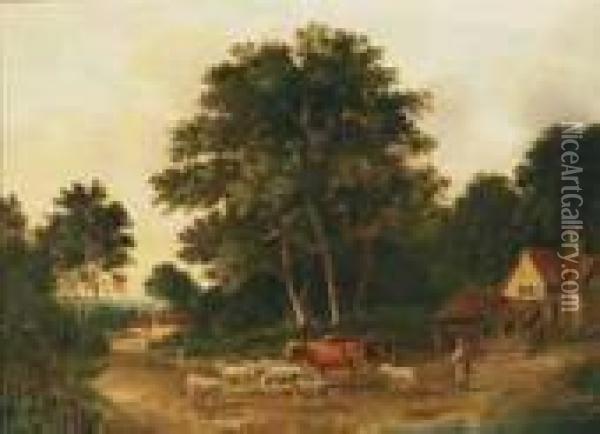 Herder Driving Sheep And Cattle To Pasture Oil Painting - Thomas Gainsborough