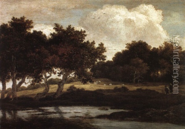 Wooded Landscape With Travellers On A Track By A Pool Oil Painting - Jacob Van Ruisdael
