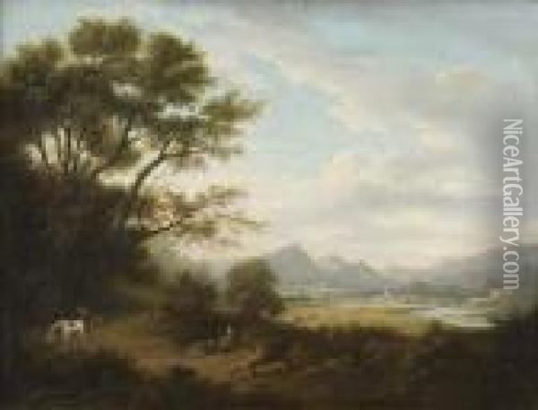 A Wooded Landscape With Resting Figures And Distant Town Oil Painting - Alexander Nasmyth