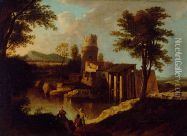 An Italianate River Landscape With Figures On A Bank, A Temple Beyond Oil Painting - Marco Ricci