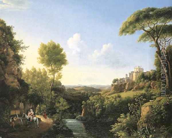 An Italianate landscape with travellers halting at a fountain, a castle beyond Oil Painting - Pierre-Athanase Chauvin