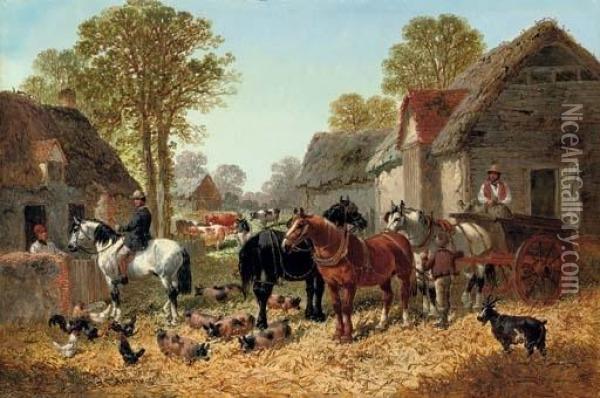 Draught Horses And A Cart, With 
Figures, Pigs And A Goat In A Farmyard, Cows In A Pasture Beyond Oil Painting - John Frederick Herring Snr