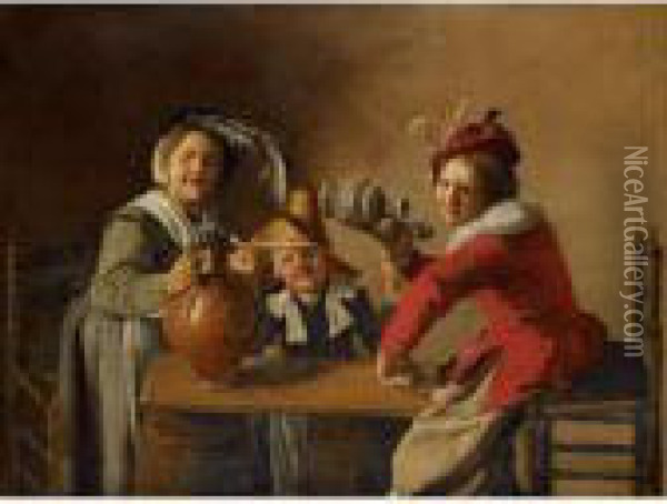 An Interior With Children Drinking And Mischief-making Oil Painting - Jan Miense Molenaer