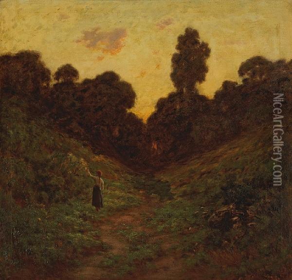 A Young Woman On A Path At Dawn Oil Painting - Charles Chapel Judson