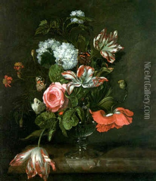 A Still Life Of Parrot Tulips, Roses And Other Flowers In A Glass Vase On A Marble Ledge With Butterflies Oil Painting - Willem Van Aelst