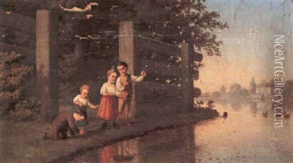 Children Playing By A River Oil Painting - Johann Mongels Culverhouse