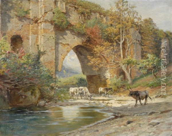Kuhe Am Flussufer Unter Einem Bruckenbogen Oil Painting - Franz Theodor Aerni