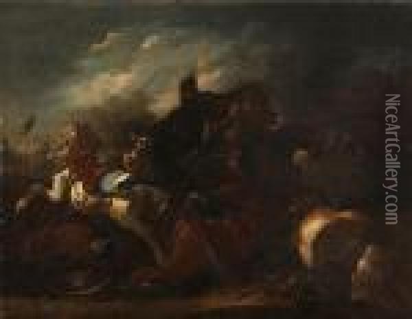 A Cavalry Engagement Oil Painting - Jacques Courtois Le Bourguignon