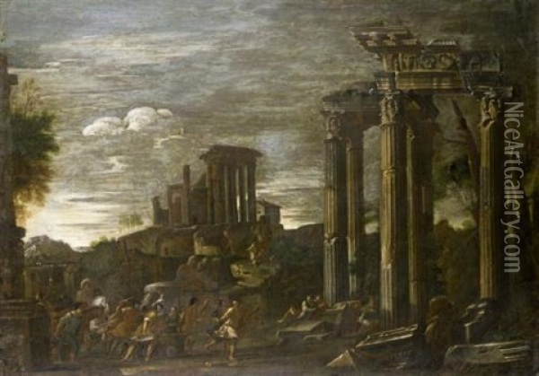 Capriccio View Of Tivoli With The Temple Of The Sybils And The Cascade Beyond With Soldiers Looting In The Foreground Oil Painting - Giovanni Ghisolfi