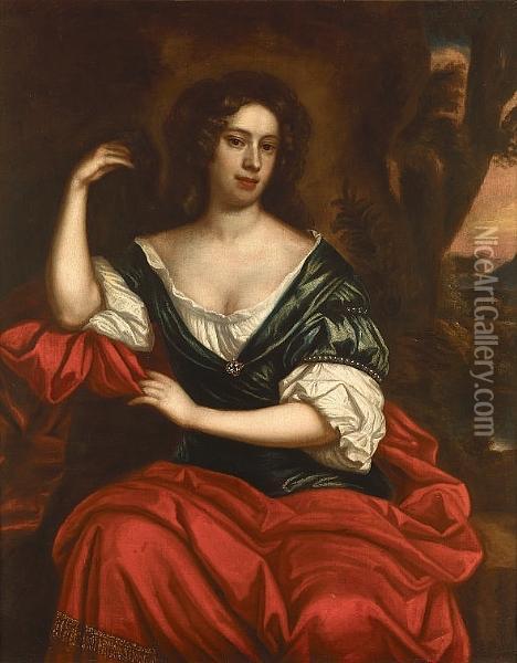 Portrait Of A Lady, Seated 
Three-quarter-length, In A Blue And White Dress With A Crimson Shawl, A 
View To A Landscape Beyond Oil Painting - Sir Peter Lely