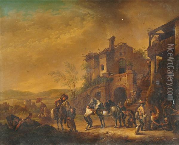 Figures Andhorses In A Barn; 
Figures And Horses Before Ruins Each Processprints On Copper Oil Painting - Jan Wouwerman