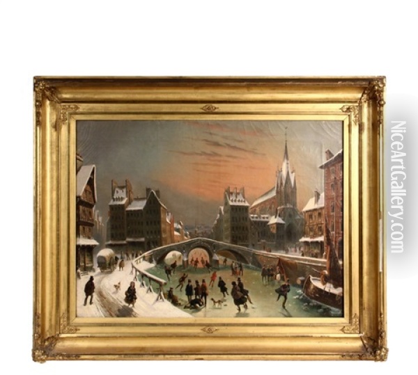Ice Skating On The Canal, Bruges, Belgium Oil Painting - Louis-Claude Malbranche
