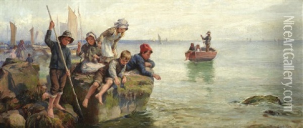 Children Fishing Off The Quay Oil Painting - William Gilbert Foster