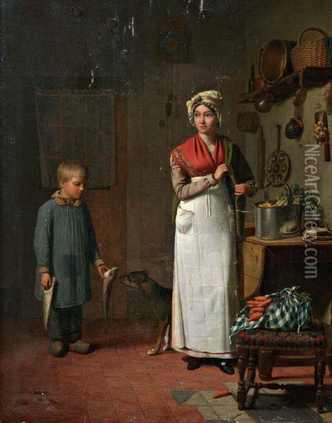 Keukeninterieur Met Vrouw En De Jonge Visser Oil Painting - Charles Brias