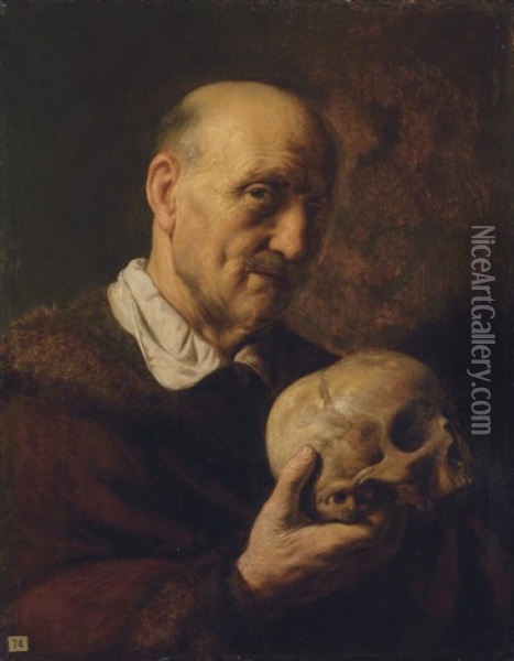A Vanitas, An Old Man, In A Fur-lined Coat, Holding A Skull Oil Painting - Jan Lievens