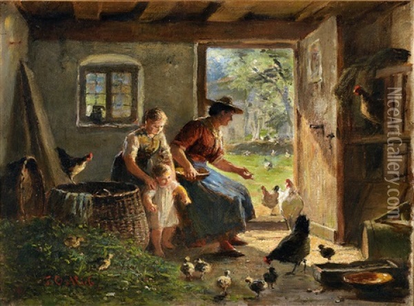 Familiengluck. Mutter Mit Kind Und Grosmutter Im Stall Beim Futtern Der Huhner Oil Painting - Friedrich Ortlieb