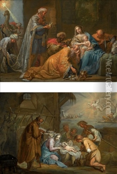The Adoration Of The Shepherds (+ The Adoration Of The Magi; Pair) Oil Painting - Johann George Boehm the Elder