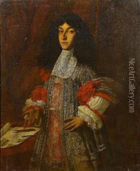 Portrait Of An 
Architect,three-quarter-length, In A Blue Embroidered Coat Decorated 
With Redribbons, Standing Beside A Table With Architectural Drawings Oil Painting - Pier Francesco Cittadini Il Milanese