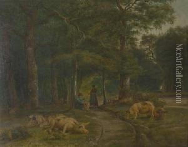 Waldlichtung Mit Hirtenpaar Und Ruhenden Schweinen. Oil Painting - Julius Mayer