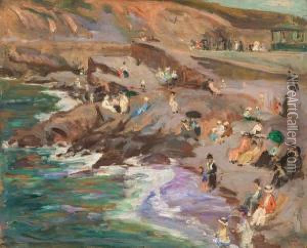 ''vagues, Rochers Et Petites Personnes Sur La Plage'' Oil Painting - William Samuel Horton