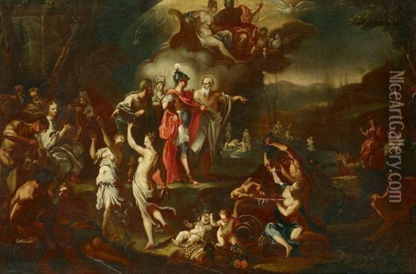 Anchises Zeigt Aeneas In Den Seligen Gefilden Die Zukunftige Roma Oil Painting - Johann Heinrich Schonfeld