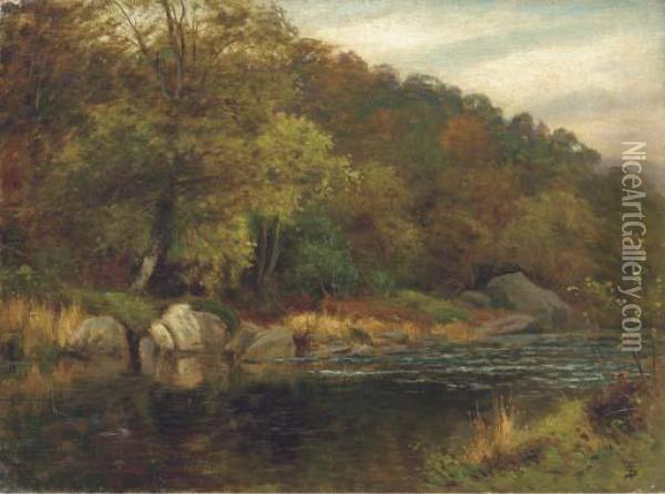 A Wooded River Landscape Oil Painting - Thomas Spinks