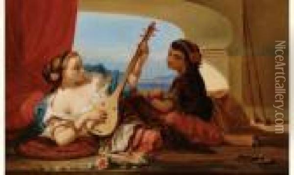 Deux Jeunes Femmes Ottomanes Jouant De La Musique Oil Painting - Louis Devedeux