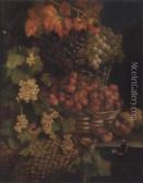 Baskets Of Fruit On A Ledge With A Butterfly Oil Painting - William Hughes