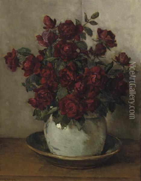 Red Roses In An Earthenware Vase Oil Painting - Johannes Evert Akkeringa