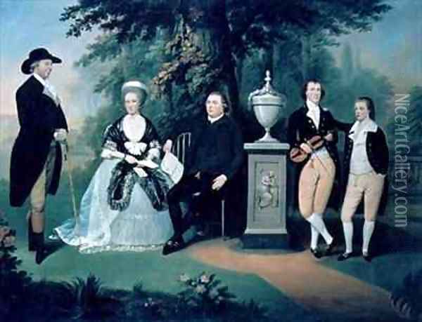 Members of the Wilson family grouped round a memorial of William Pitt the Younger Oil Painting - John Downman