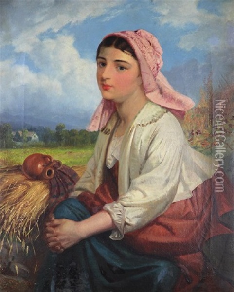 Girl In Pink Bonnet With Wheat Oil Painting - James Faed