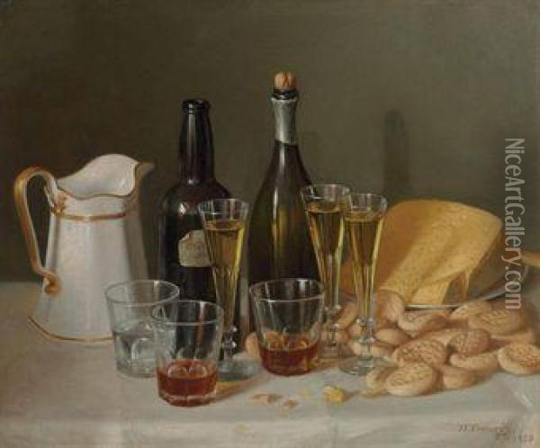 Still Life With Cheese And Wine Oil Painting - John Francis