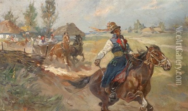 Horseman With Travelers Oil Painting - Woiciech (Aldabert) Ritter von Kossak