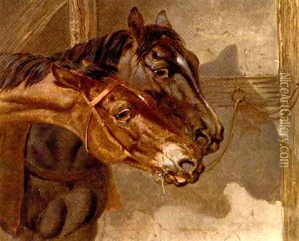 Horses Tethered In A Stable Oil Painting - Benjamin Herring Jr.