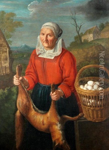 An Old Woman With A Basket Of Eggs, Holding A Dead Fox Oil Painting - Peter (Petrus) Snyers